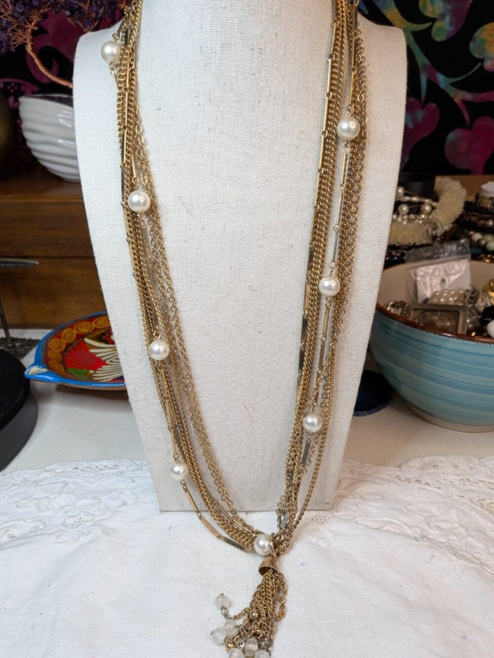 Vintage Gold‑Tone Multi‑Strand Necklace with Faux Pearls & Lucite Tassel